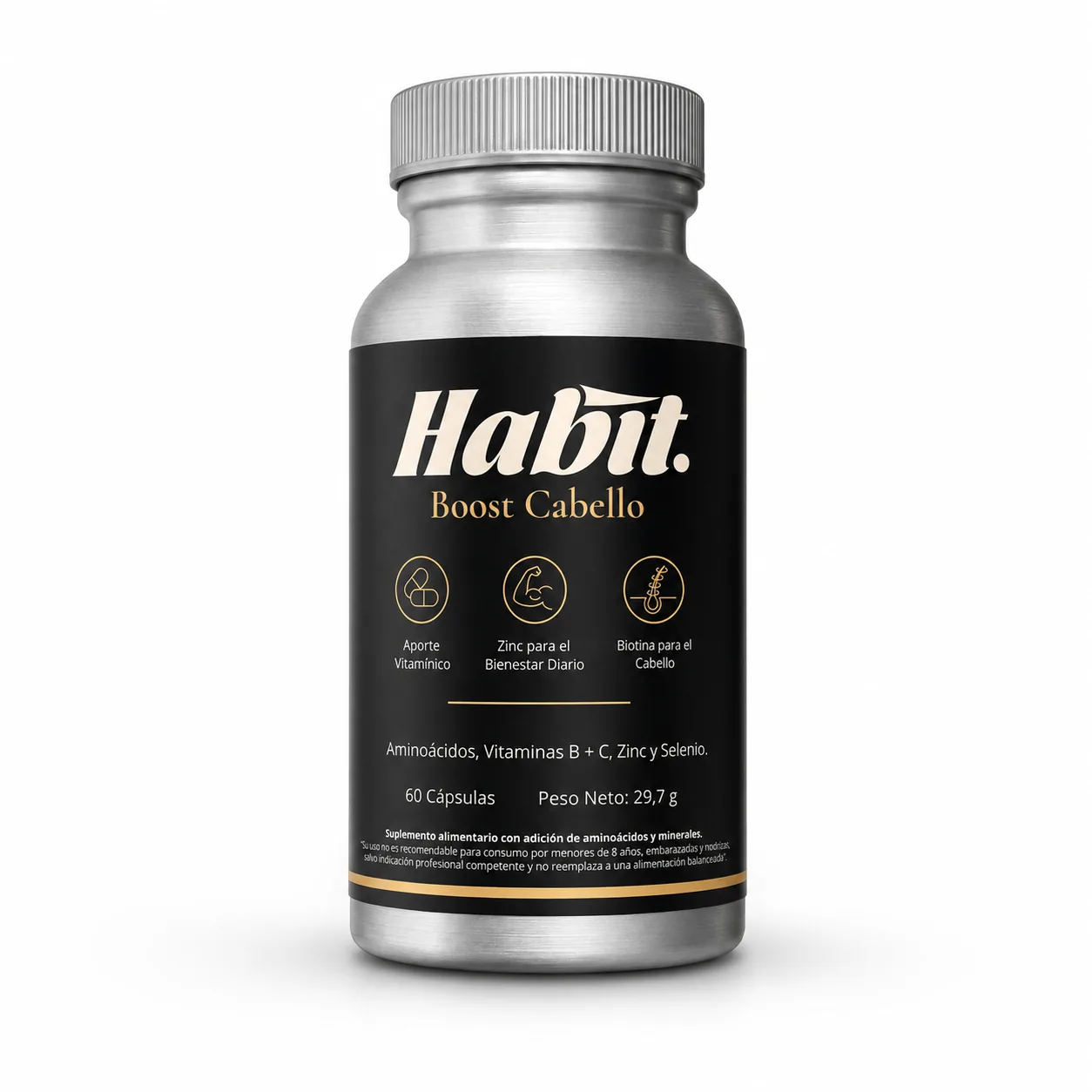 Frasco de Boost Cabello The Habit sobre fondo blanco, 60 cápsulas.